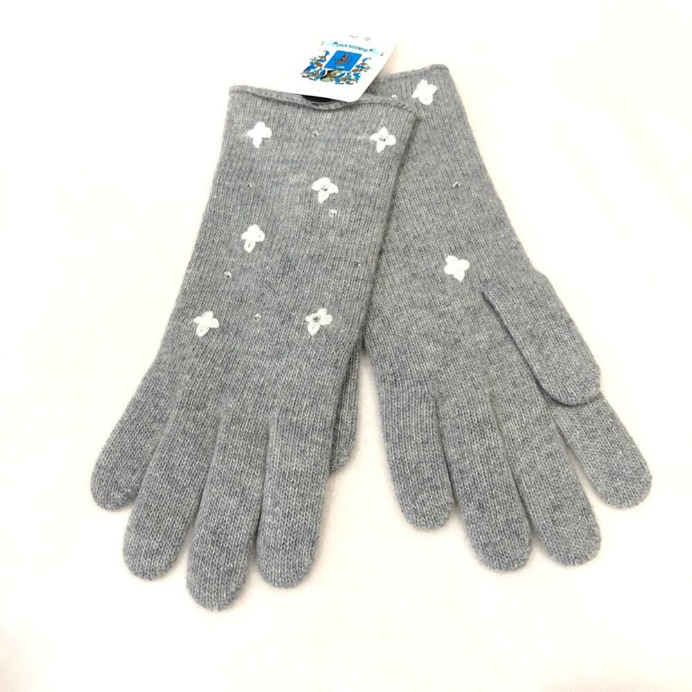 NWT Cashmere Gloves with Crystals + Flowers in Light Grey Ladies 10" OSFM New